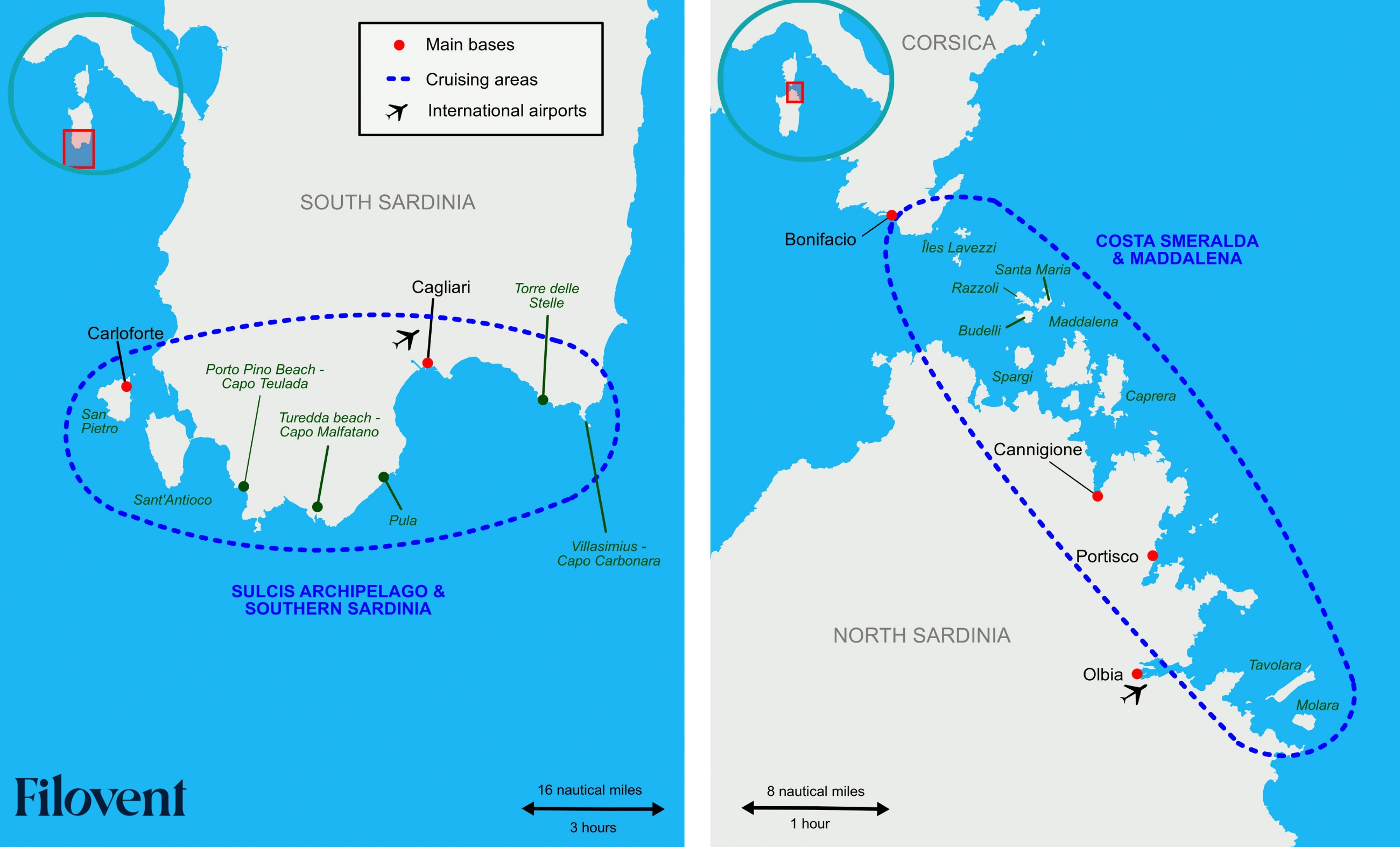 Carte des itinéraires de location de catamaran en Sardaigne avec Costa Smeralda, La Maddalena, Cagliari et principales bases nautiques.